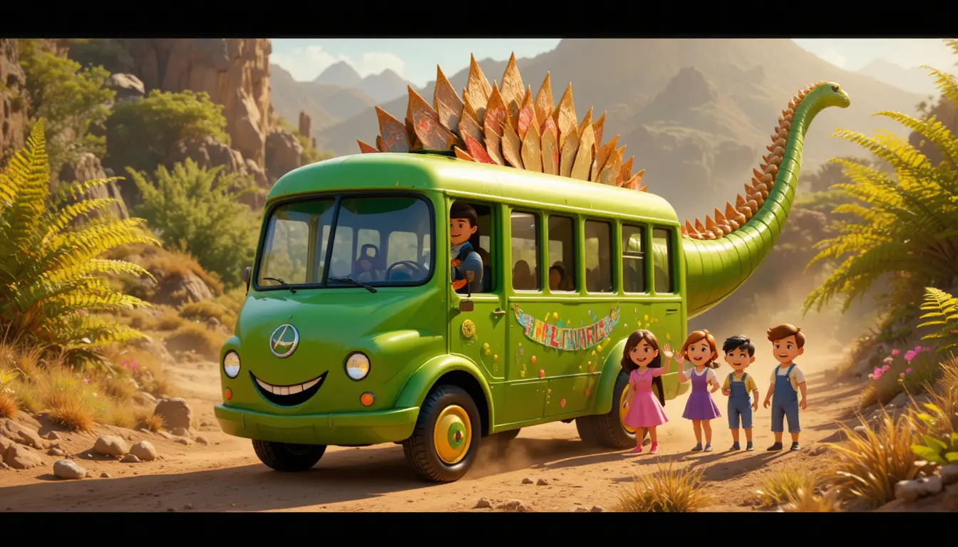 Green dinosaur bus and kids on a sunny prehistoric road