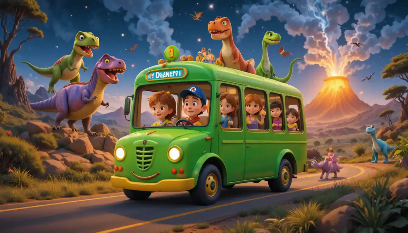 Grüner Cartoon-Dino-Bus fährt Kinder durch waldbedeckte Hügel