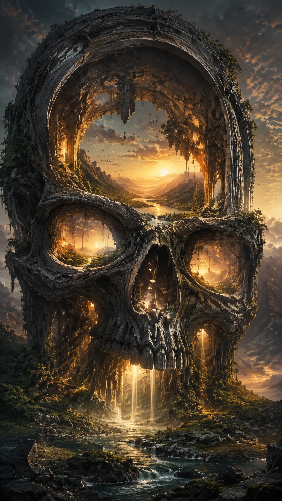 Surreal skull structure framing a glowing sunset landscape