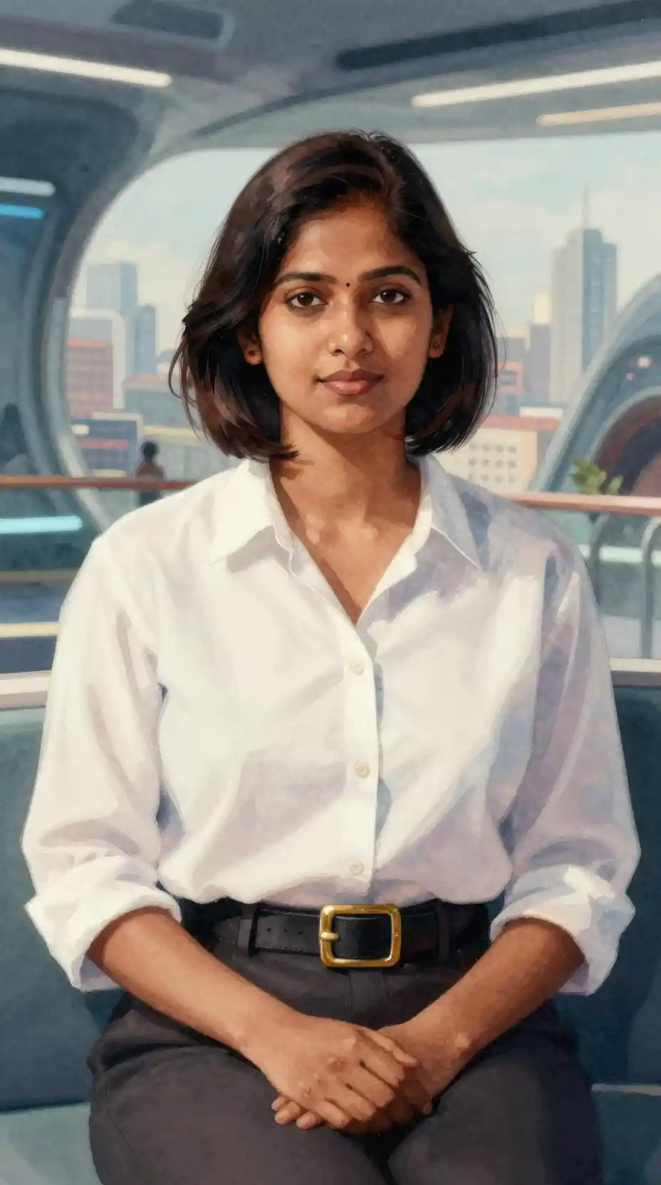 Stylish Indian woman relaxing in a futuristic city interior