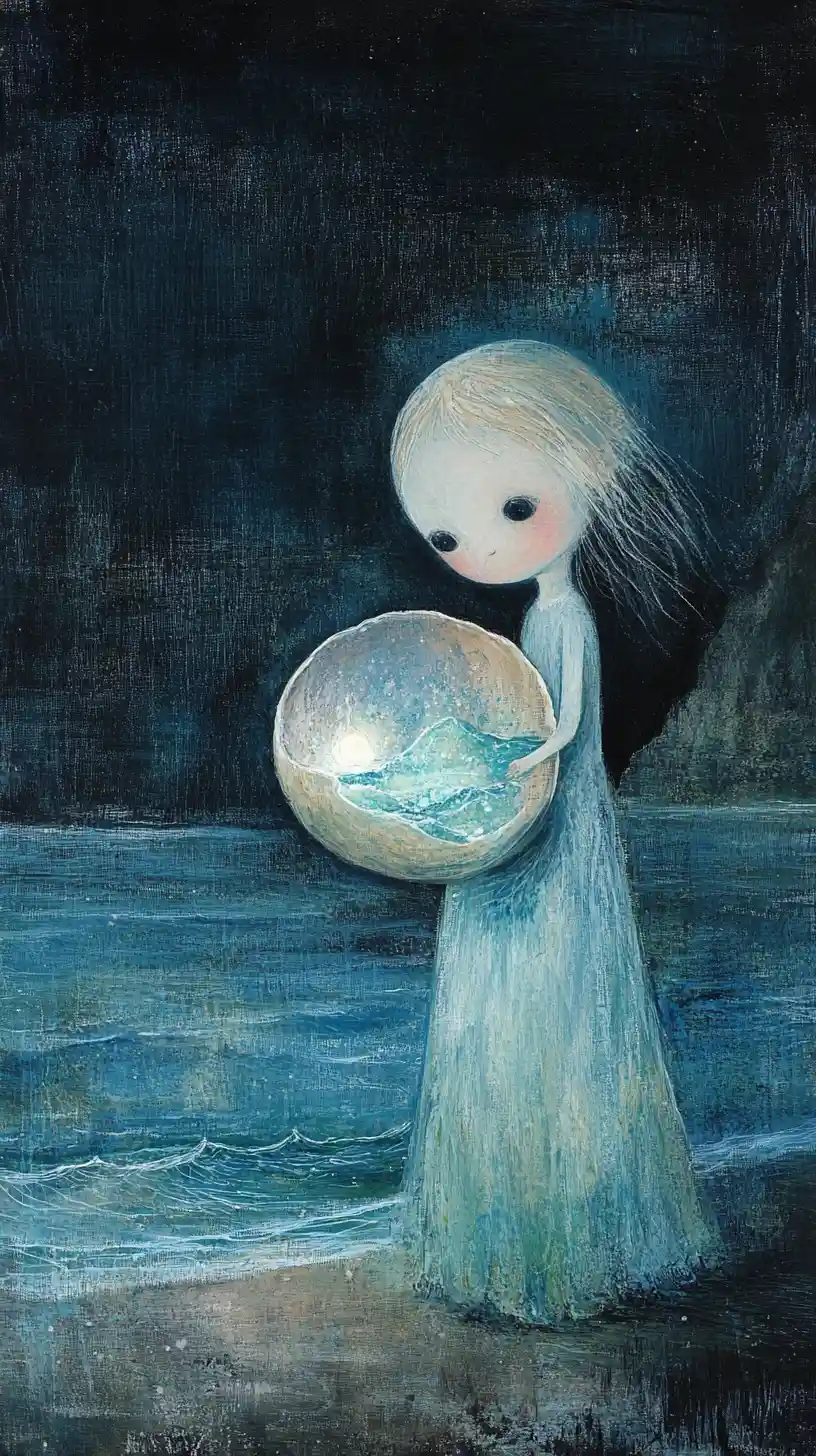 Woman With Glowing Shell On A Dark Dreamlike Shore