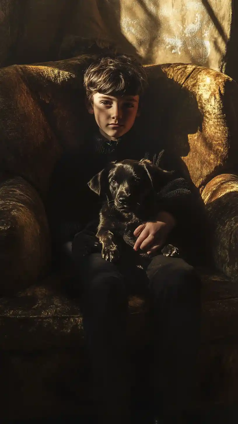 Boy and puppy resting together in a soft velvet room