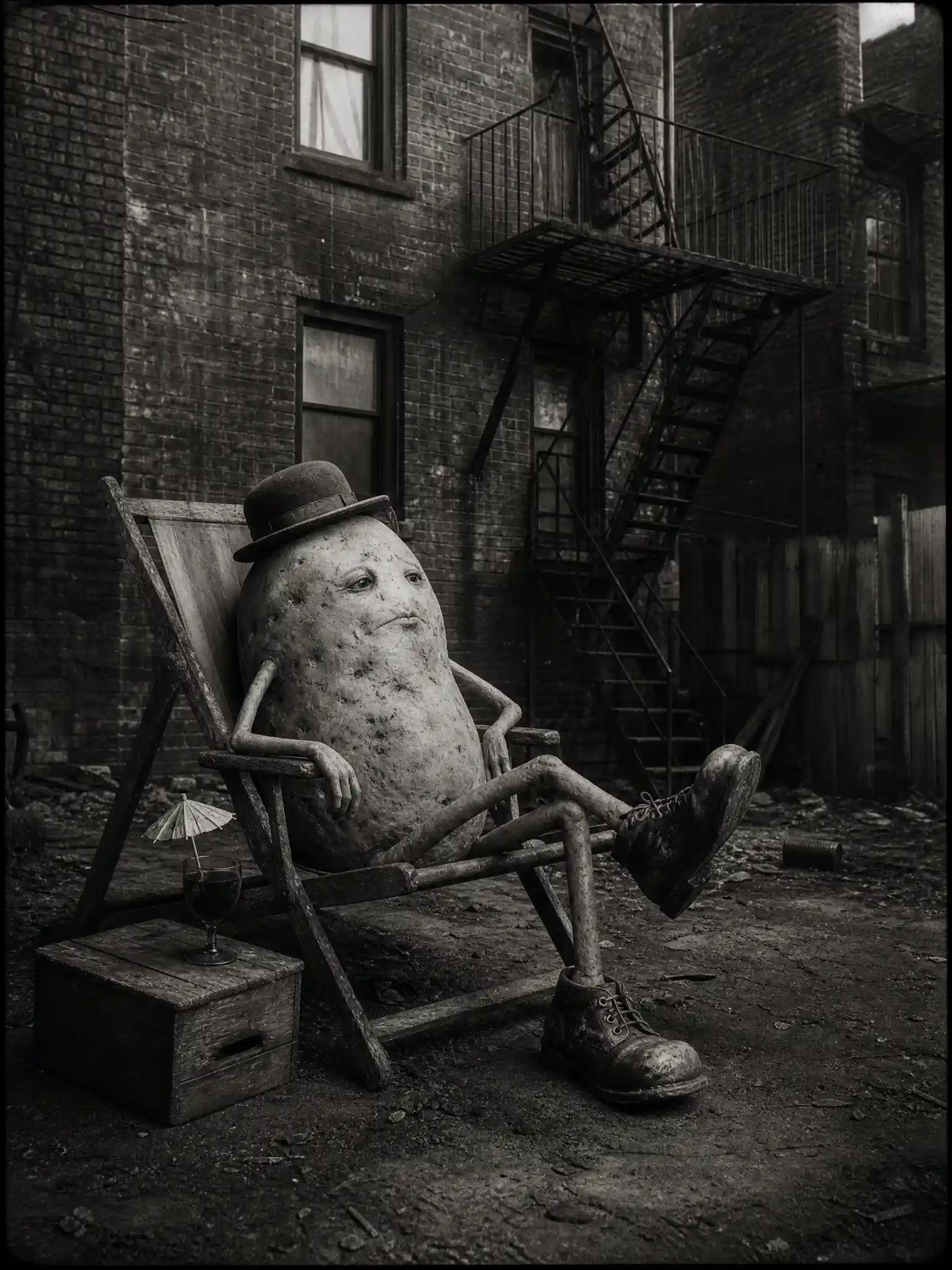 Melancholic potato figure in a vintage backyard scene