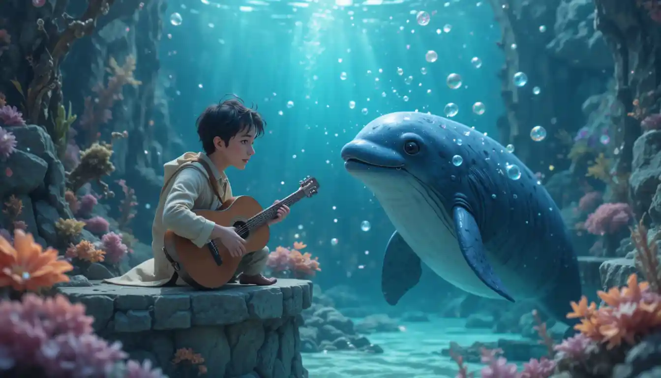 Composer playing music to a humpback whale at sea