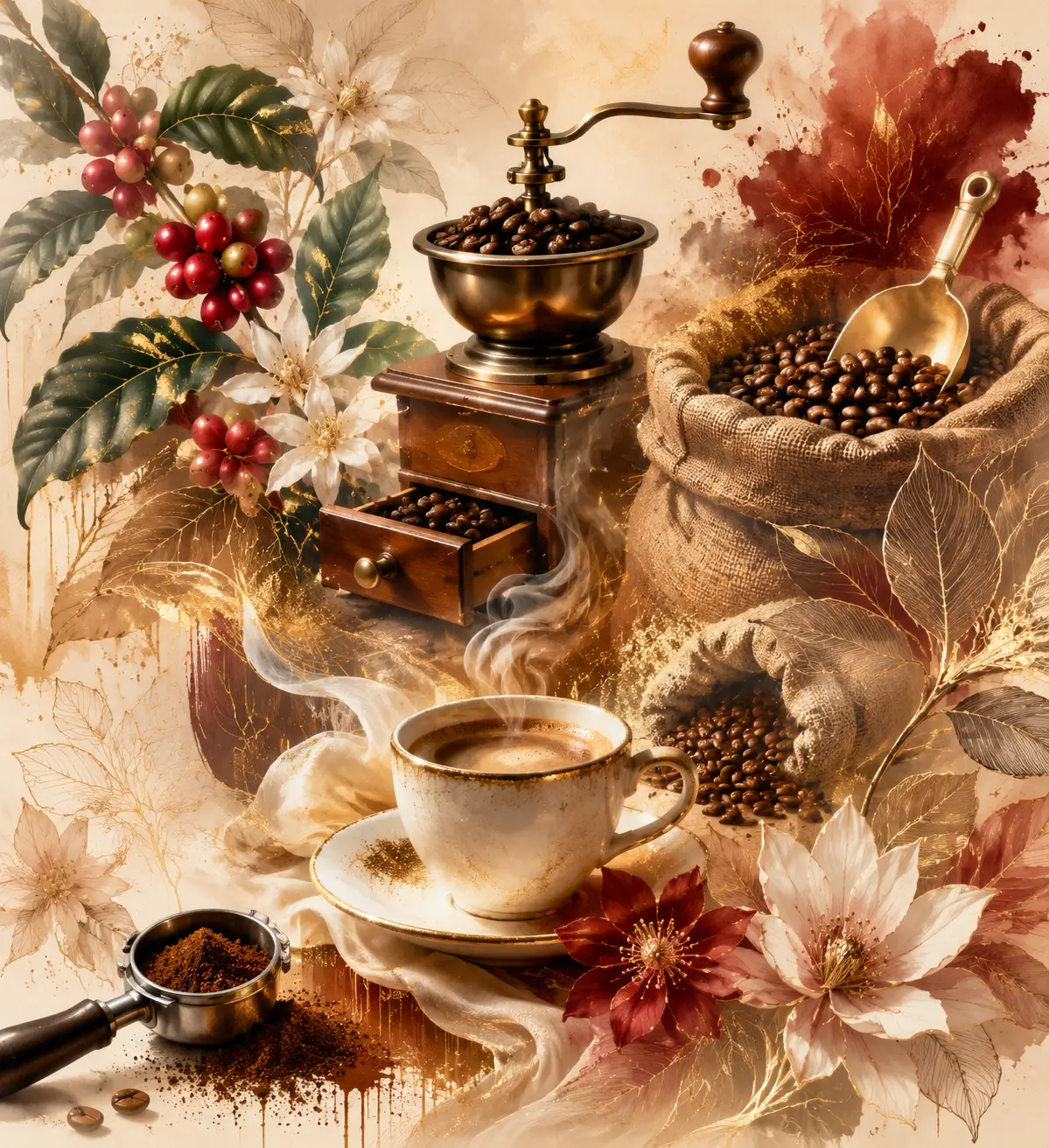 Coffee roastery moodboard with beans plants and grinder