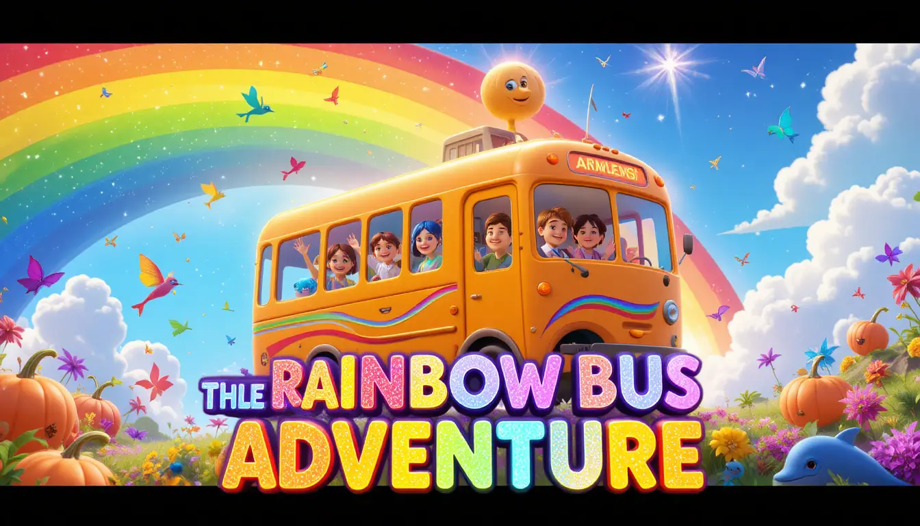 Orange cartoon bus racing across a glowing rainbow