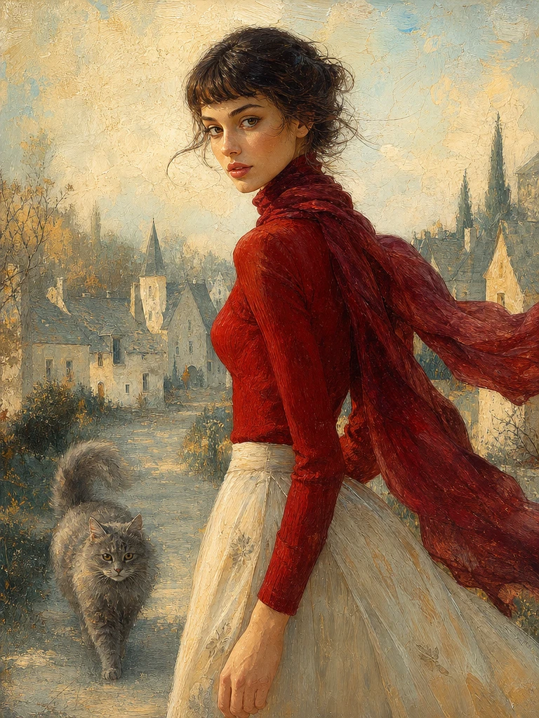 Woman in red with cat in a dreamy rural landscape