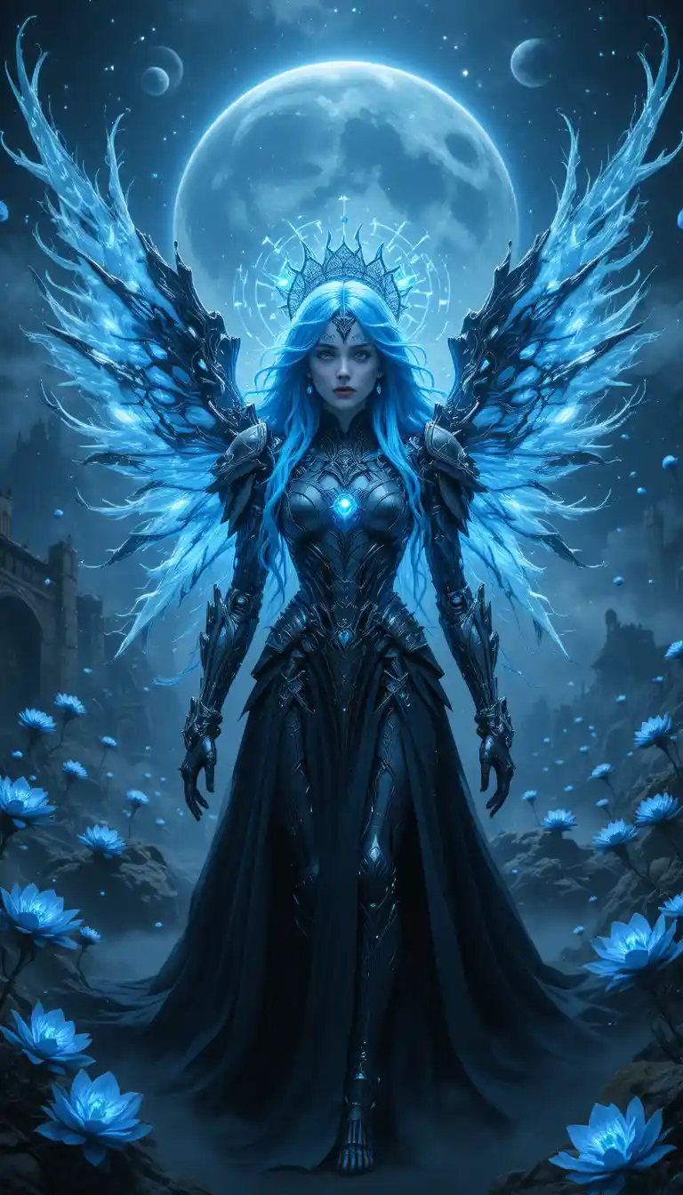 Surreal mech empress with celestial wings in cosmic void