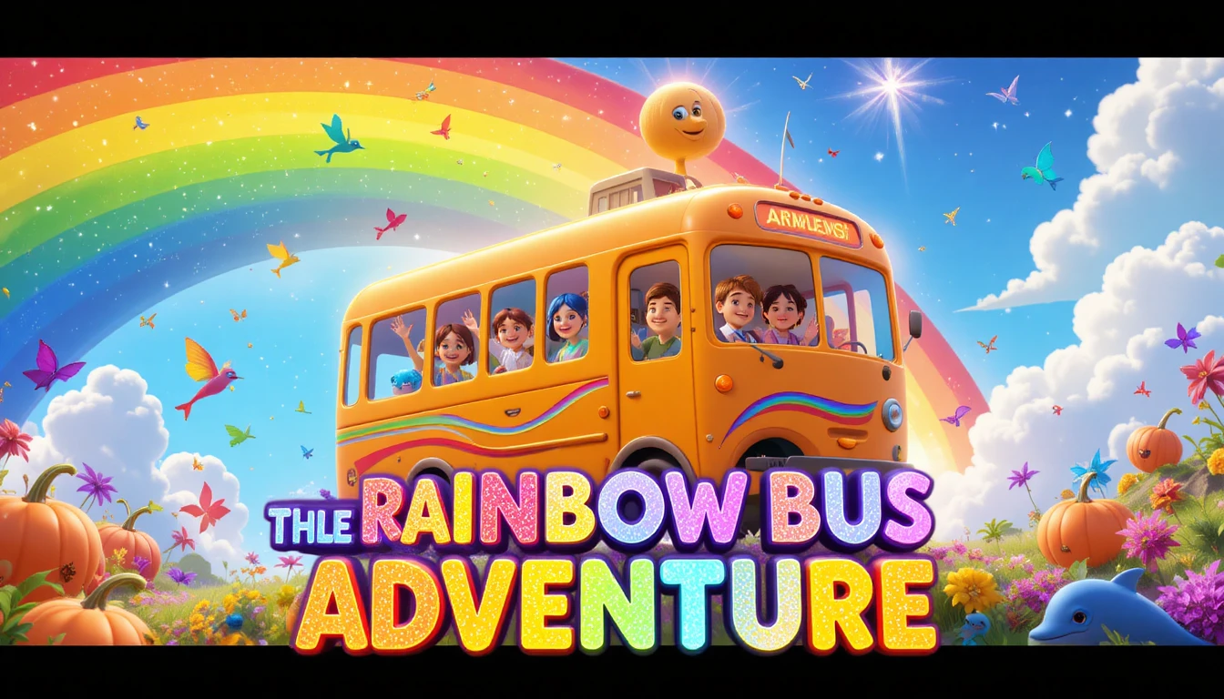 Orange cartoon bus racing across a glowing rainbow