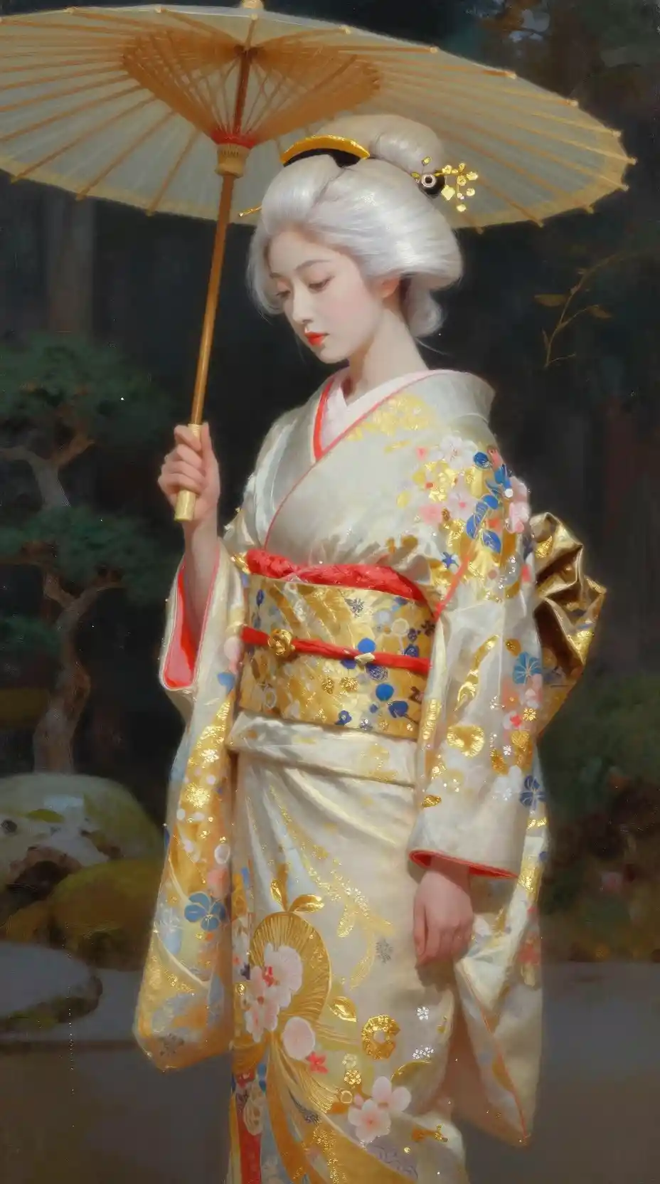 Romantic profile portrait of a Japanese woman in kimono