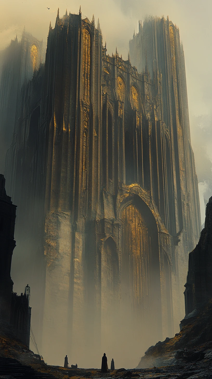 Colossal gothic structure looming above tiny human figures