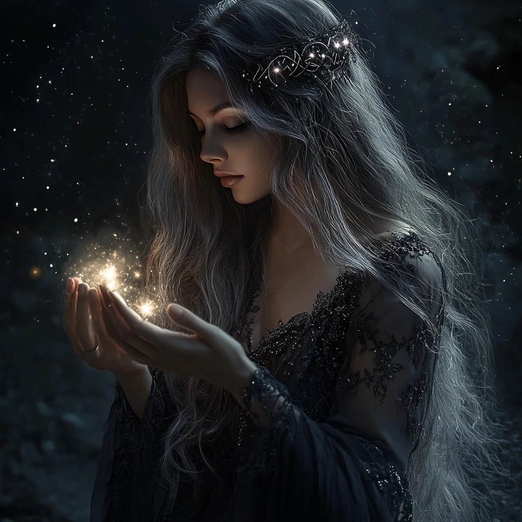 Mystische Schamanin mit leuchtenden Runen im Mondlicht