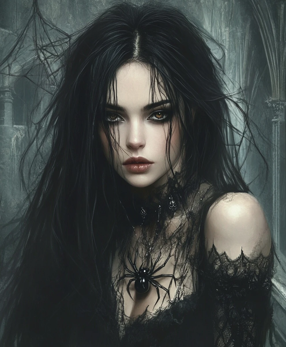 Dark fantasy spider queen before a looming gothic castle