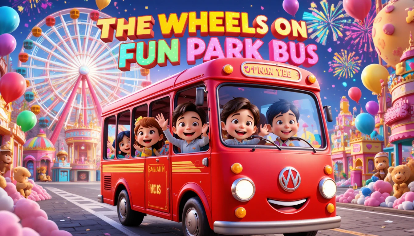 Smiling Fun Park Bus With Kids In Colorful Amusement Park