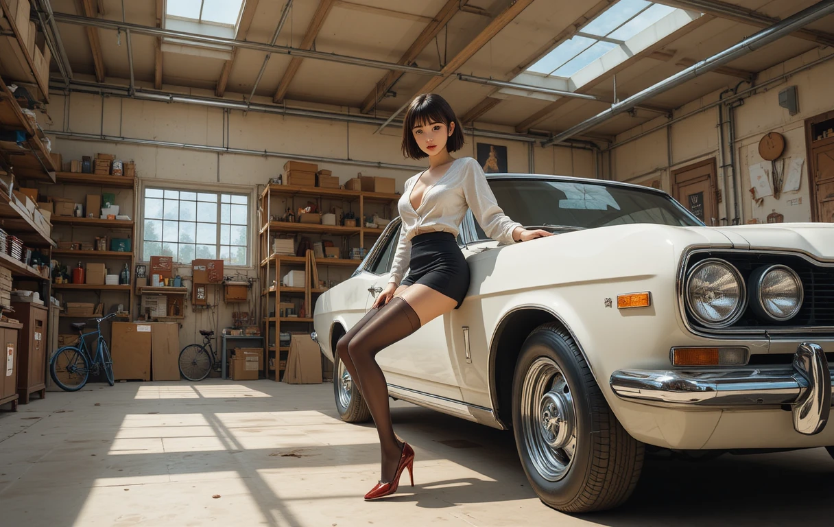 Confident woman posing by a classic white car in a garage