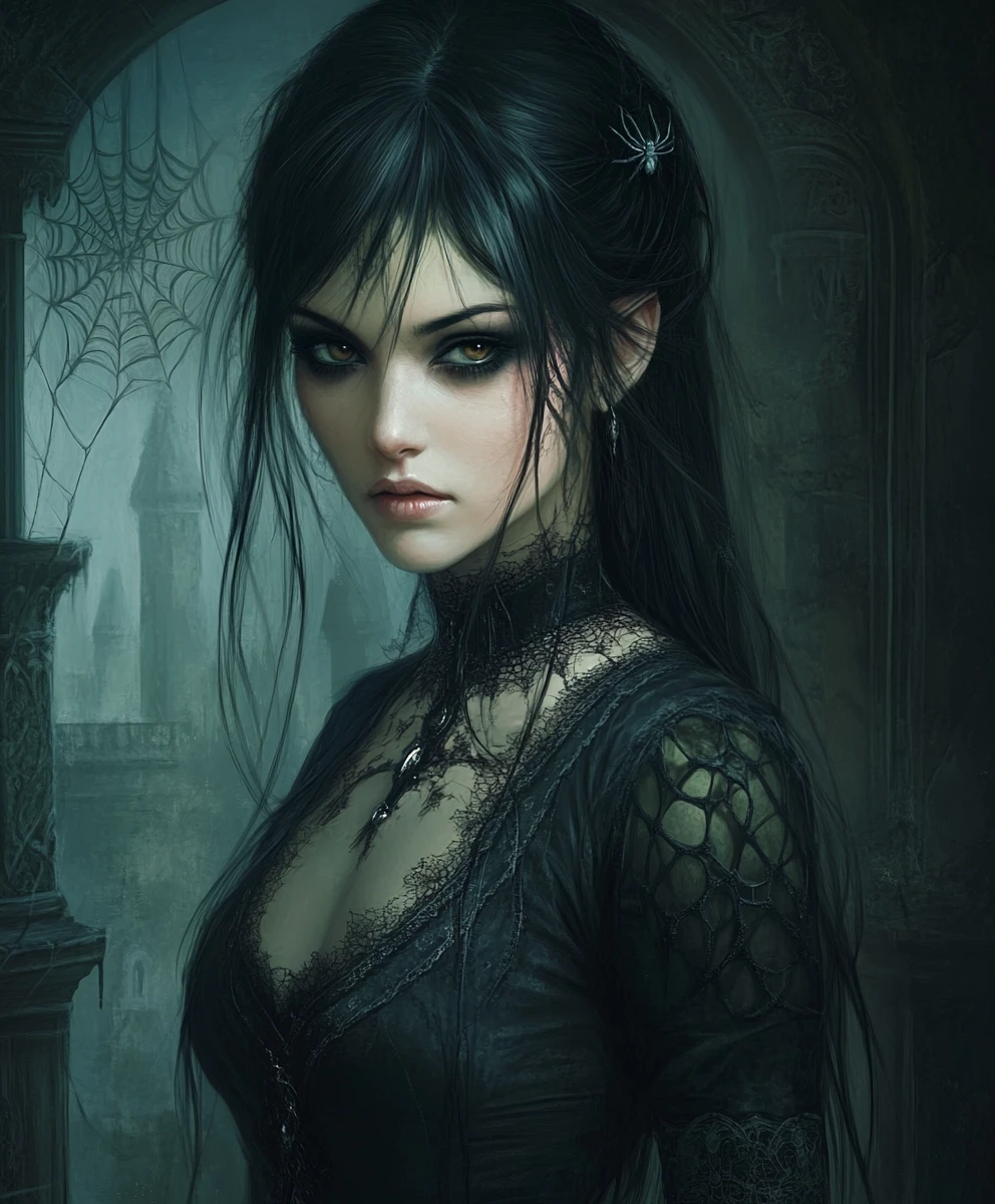 Dark fantasy spider queen before a looming gothic castle