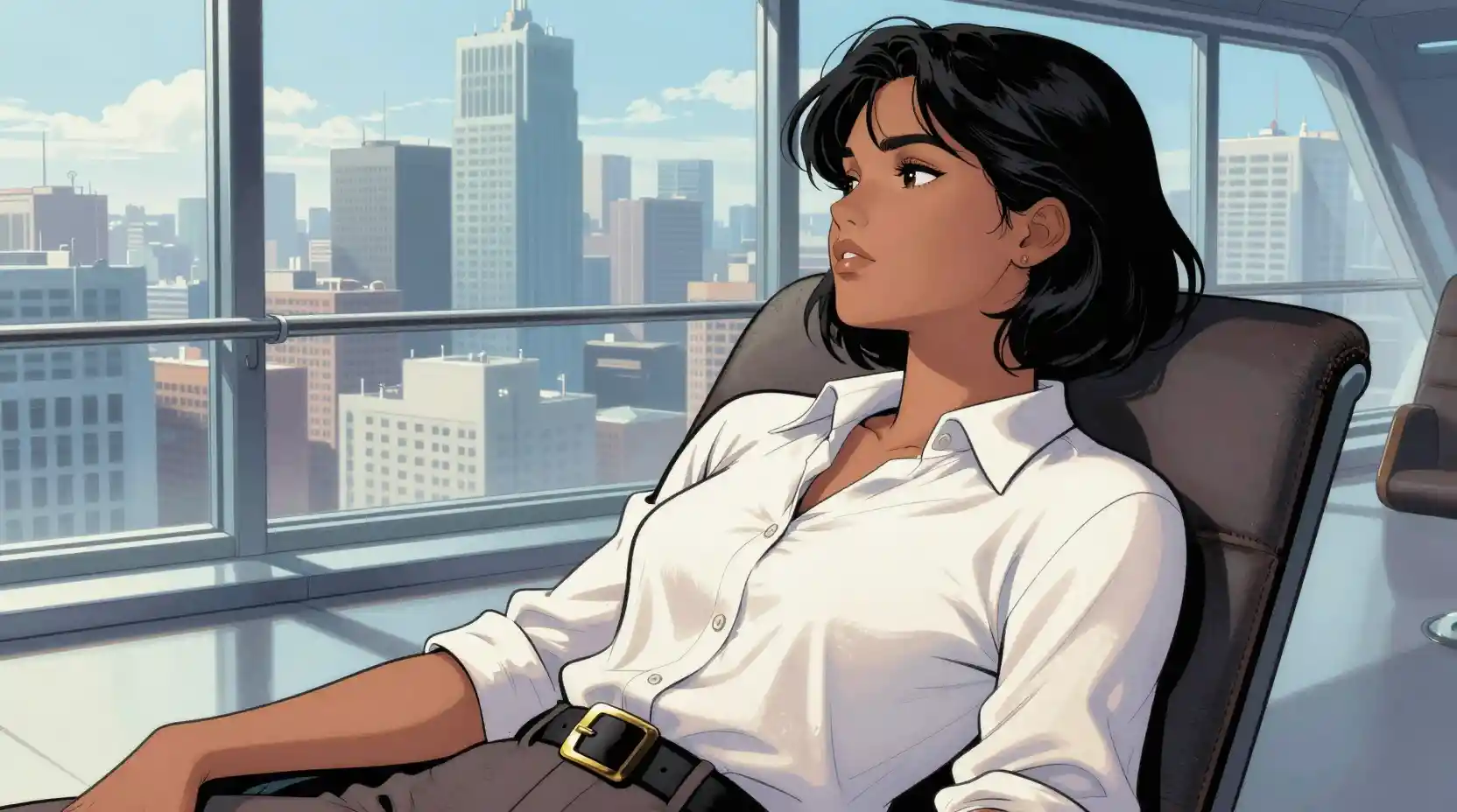 Young woman relaxing by a futuristic city window view