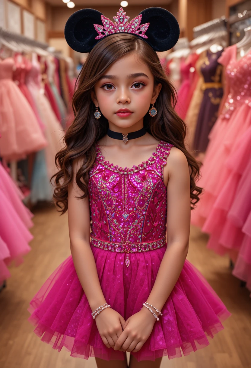 Young girl in hot pink Minnie dress in boutique