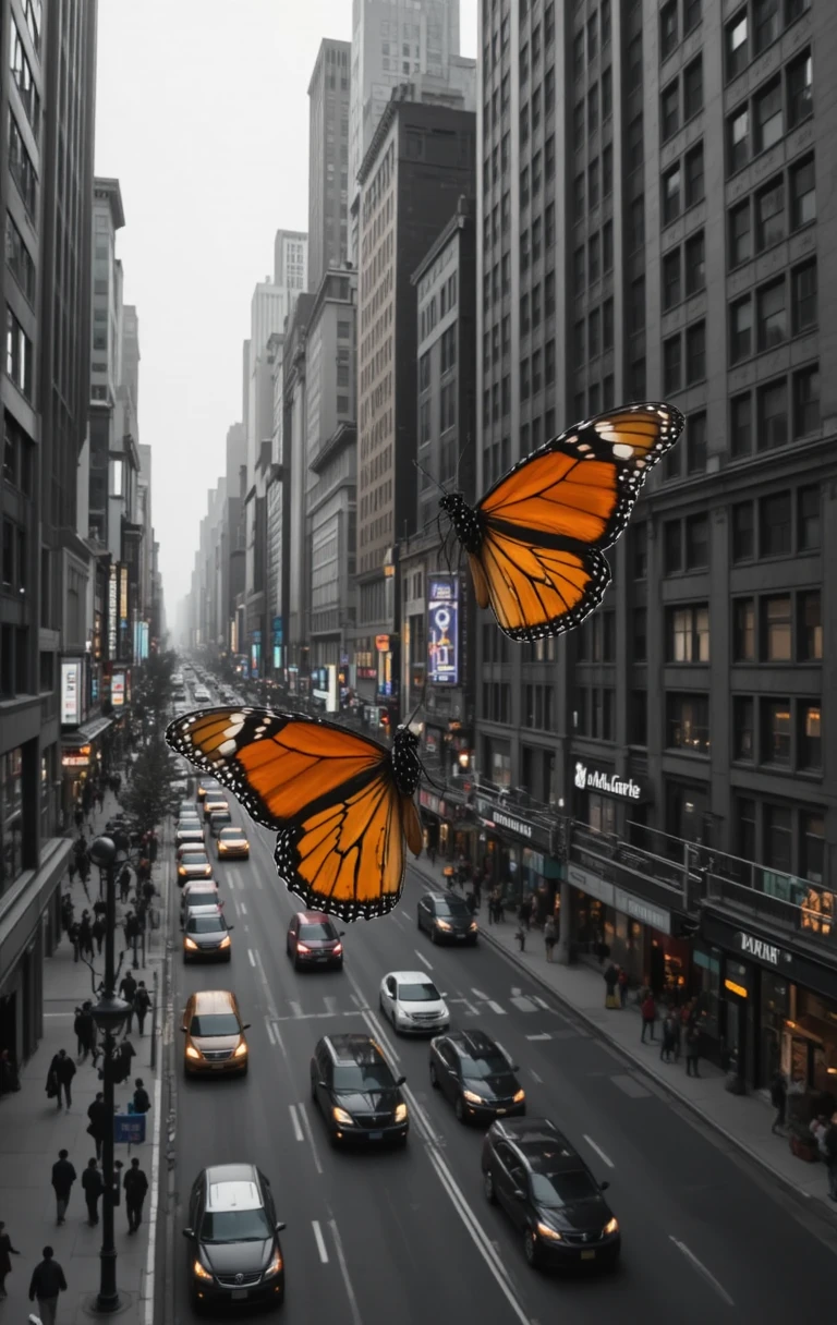 Colorful butterflies soaring above a crowded Manhattan street