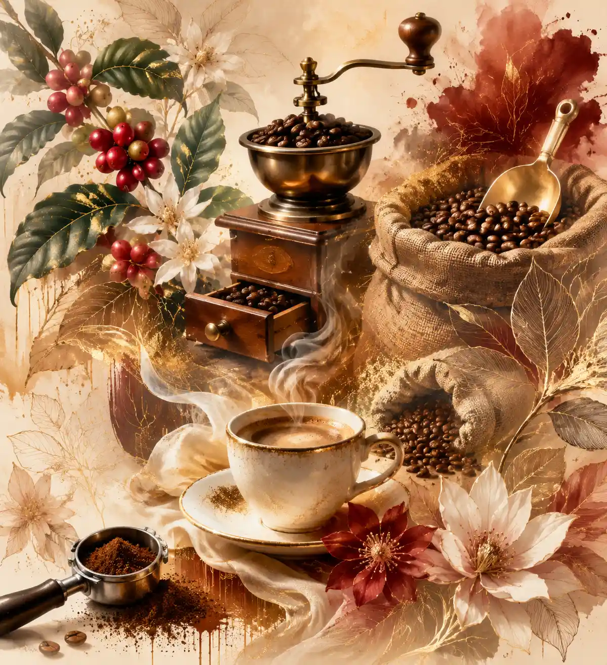 Coffee roastery moodboard with beans plants and grinder