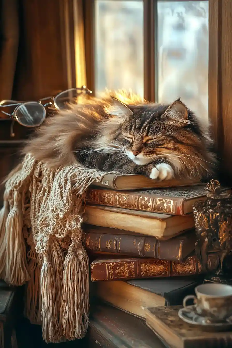 Sleeping cat on vintage books by a softly glowing window