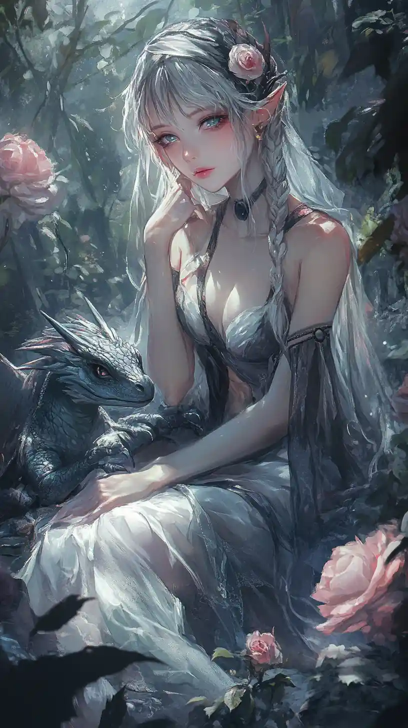 Anime fairy girl in a muted fantasy rose garden
