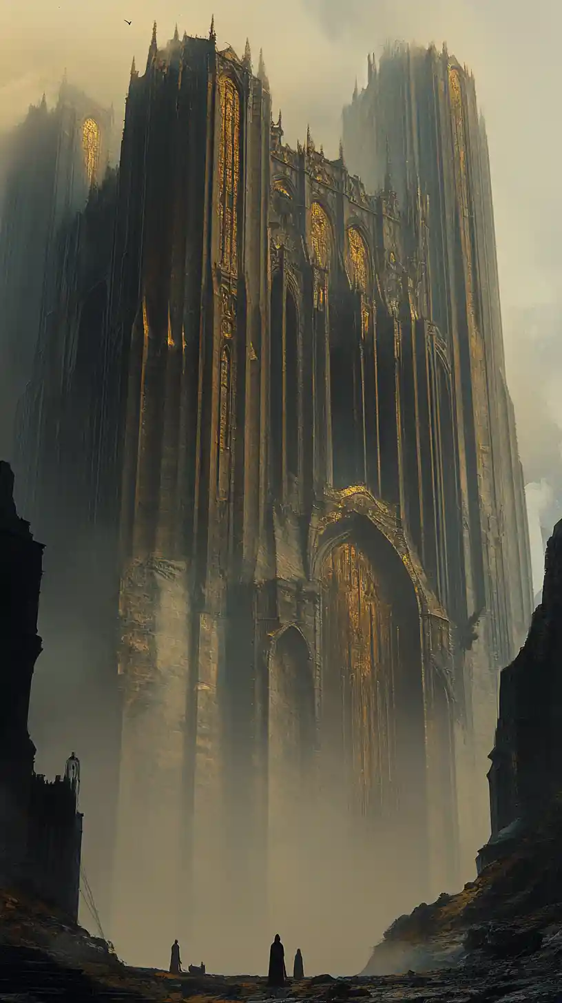 Colossal gothic structure looming above tiny human figures
