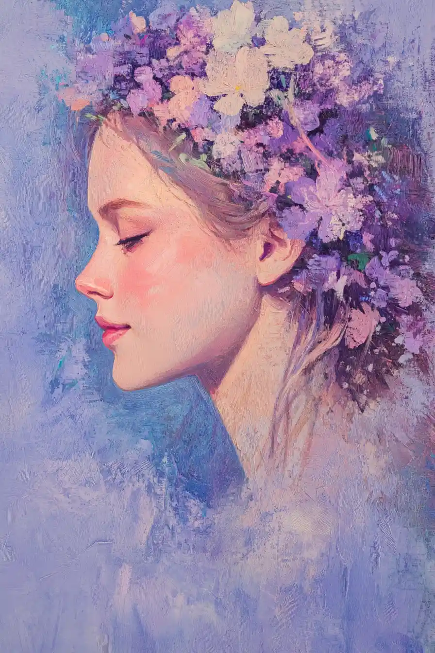 Divisionist portrait of a smiling girl with violet eyes
