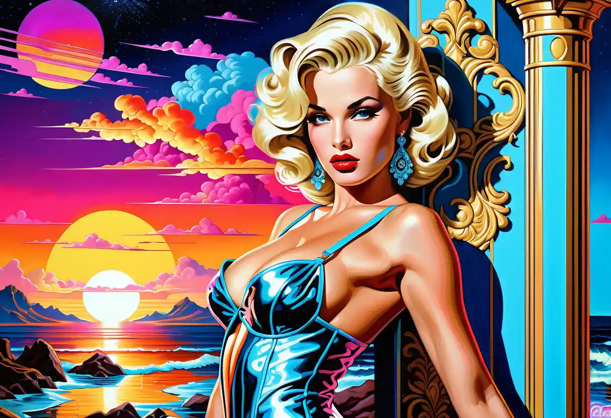 Neon pinup blonde in ornate baroque couture pose