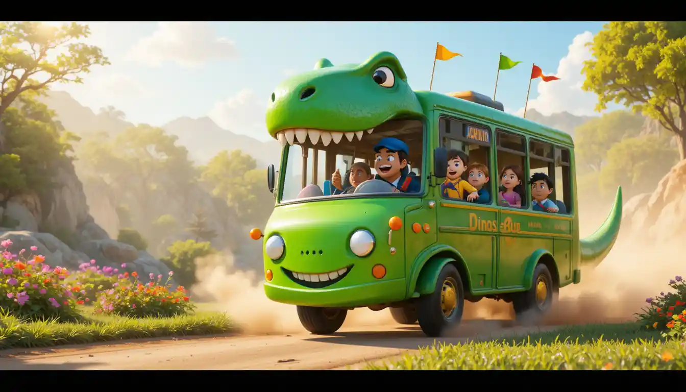 T-Rex amichevole che starnutisce accanto a un vivace autobus verde