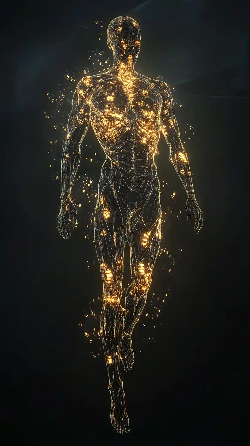 Surreal creature body fragments glowing in dark void