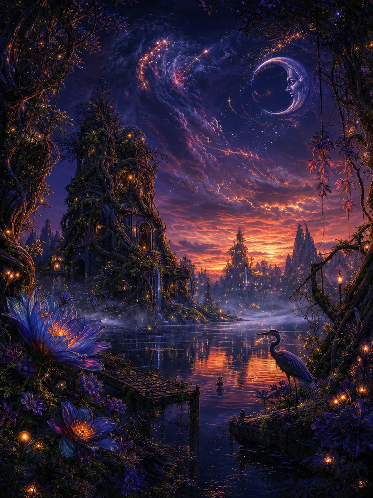 Enchanted twilight sky over glowing ruins and forest