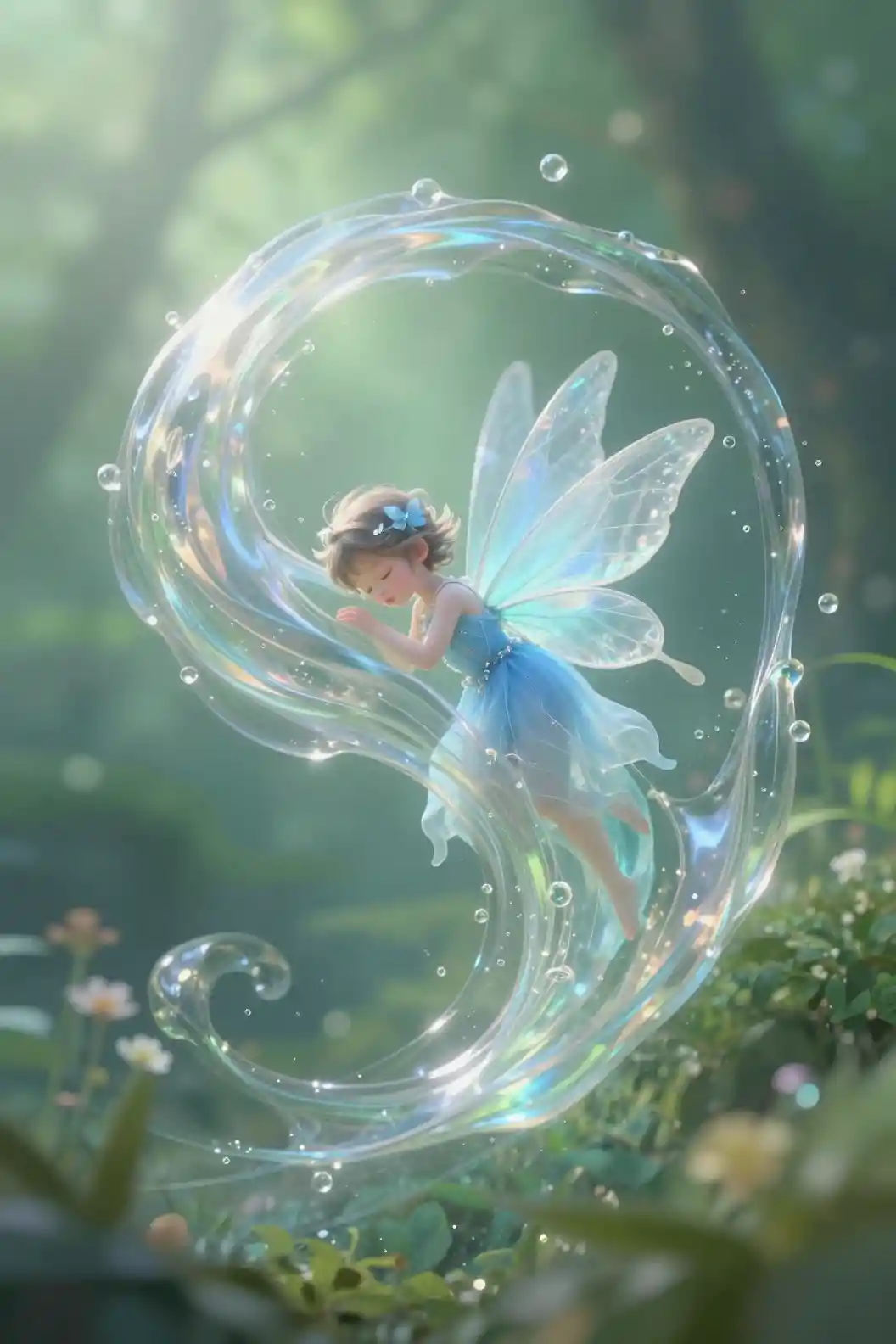 Sleeping blue fairy floating inside swirling liquid form