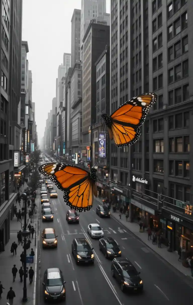 Colorful butterflies soaring above a crowded Manhattan street
