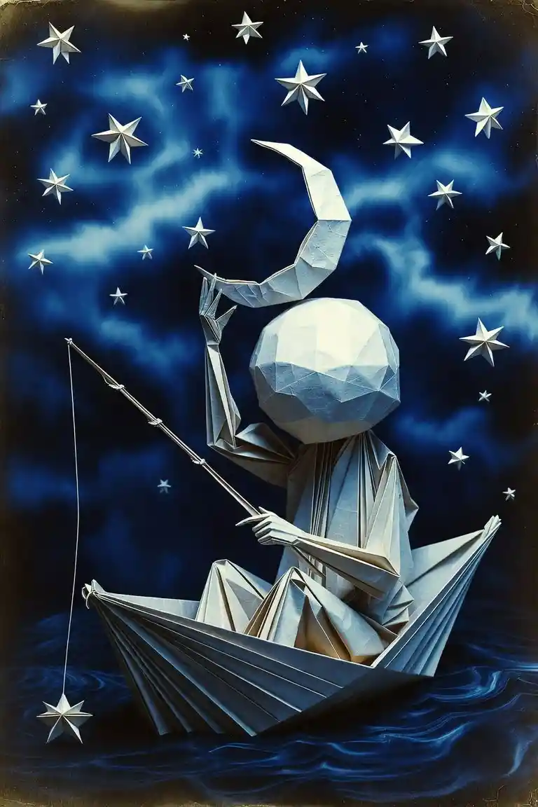 Origami man in a boat holding the moon and fishing stars