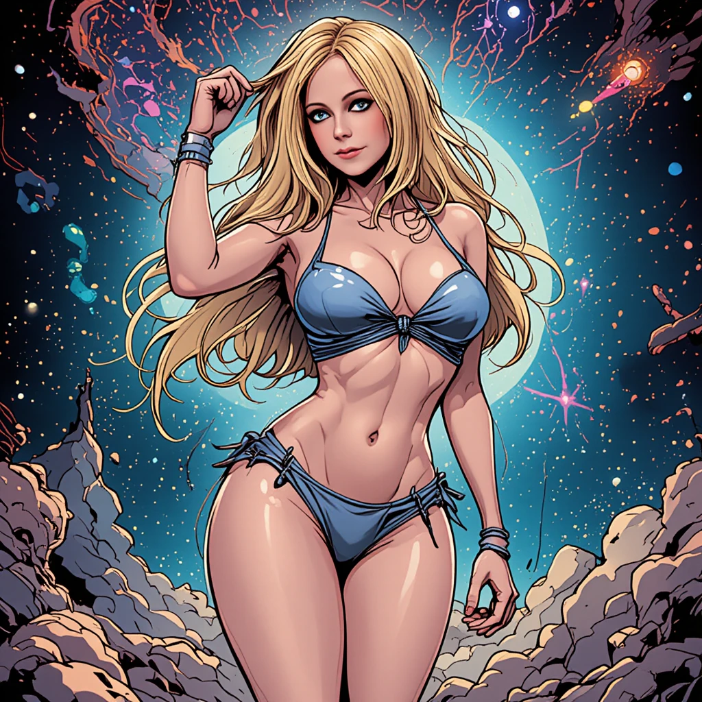 Curvy space heroine in bold comic style micro bikini