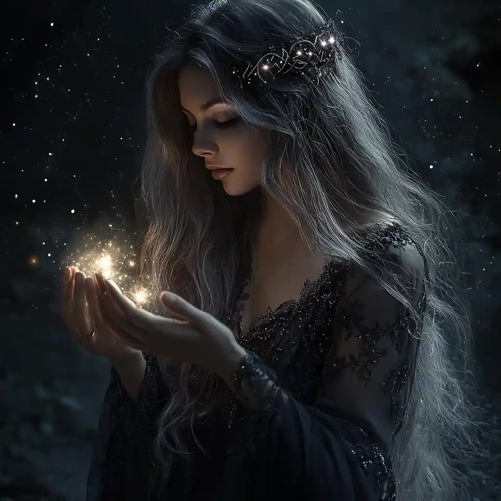 Mystical shaman woman with glowing runes in moonlight