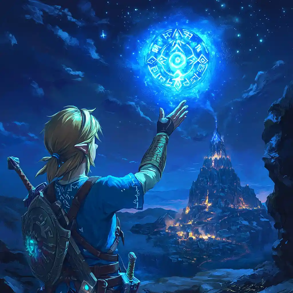 Fantasy hero holding ocarina with glowing mystical runes