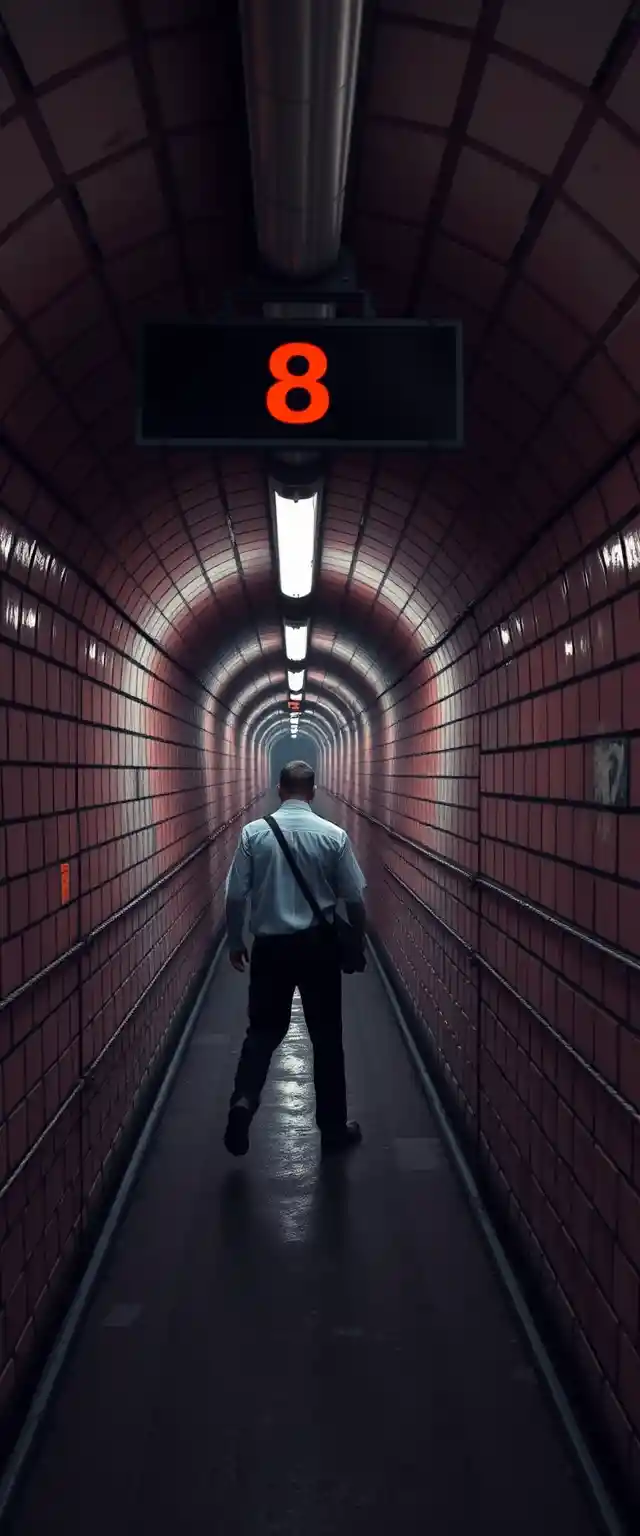 Man searching for exit eight in a subway corridor