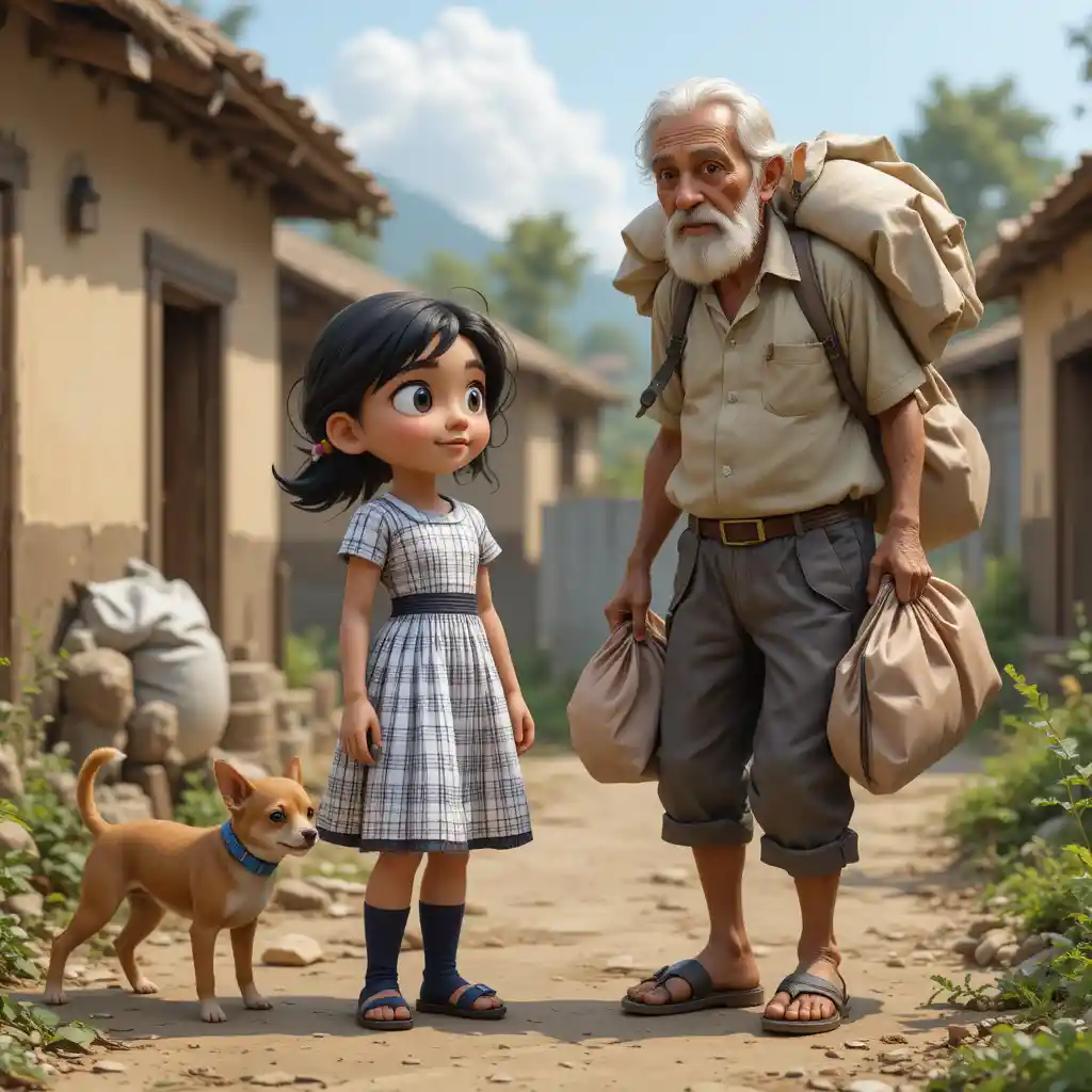 Kind village girl smiling at elderly man on road