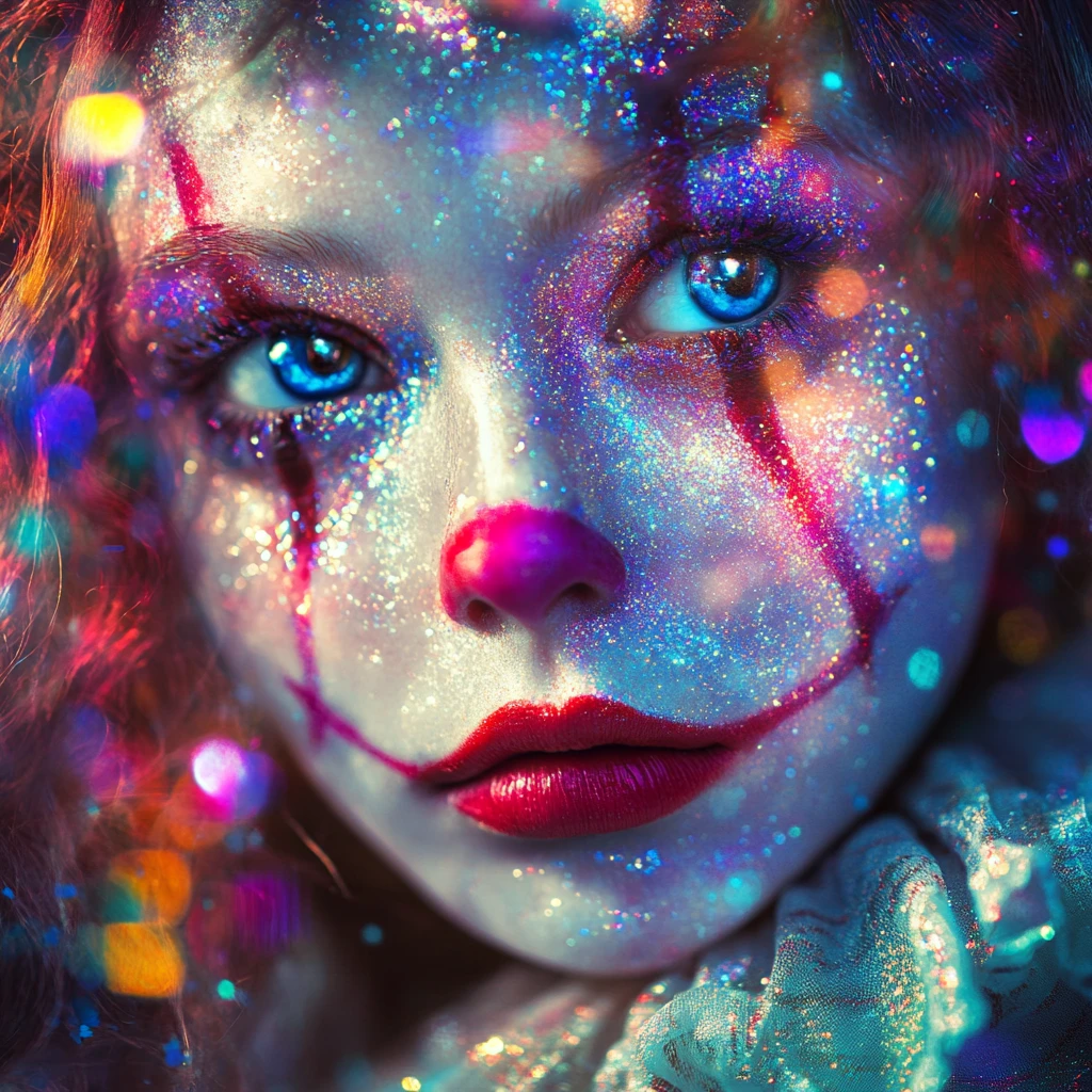Mystic female clown glowing before a colorful spectrum background
