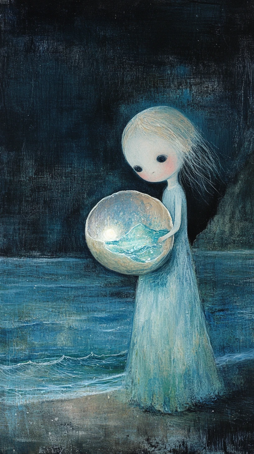 Woman With Glowing Shell On A Dark Dreamlike Shore