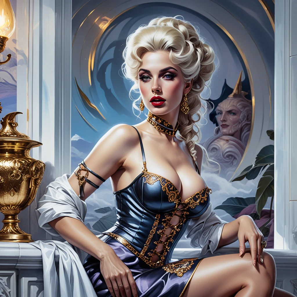 Celestial goddess pinup in baroque couture at night