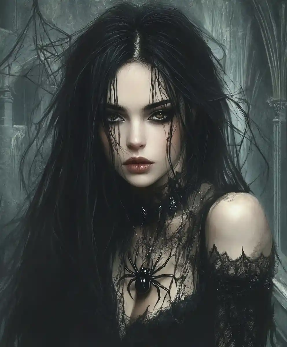 Dark fantasy spider queen before a looming gothic castle