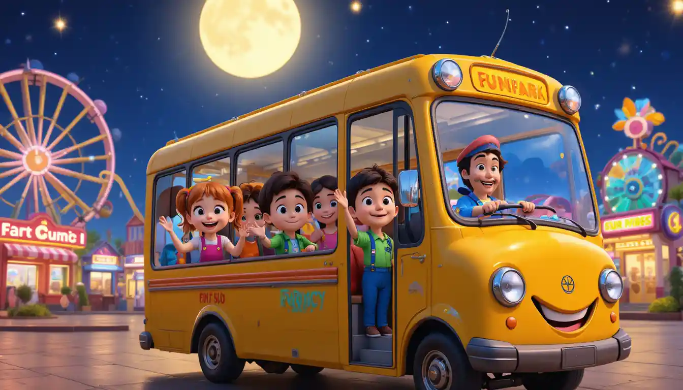 Cheerful Yellow Park Bus With Kids In 3D Cartoon Style