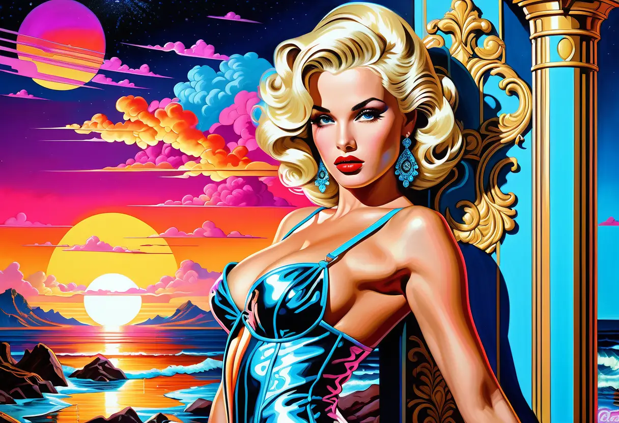 Neon pinup blonde in ornate baroque couture pose