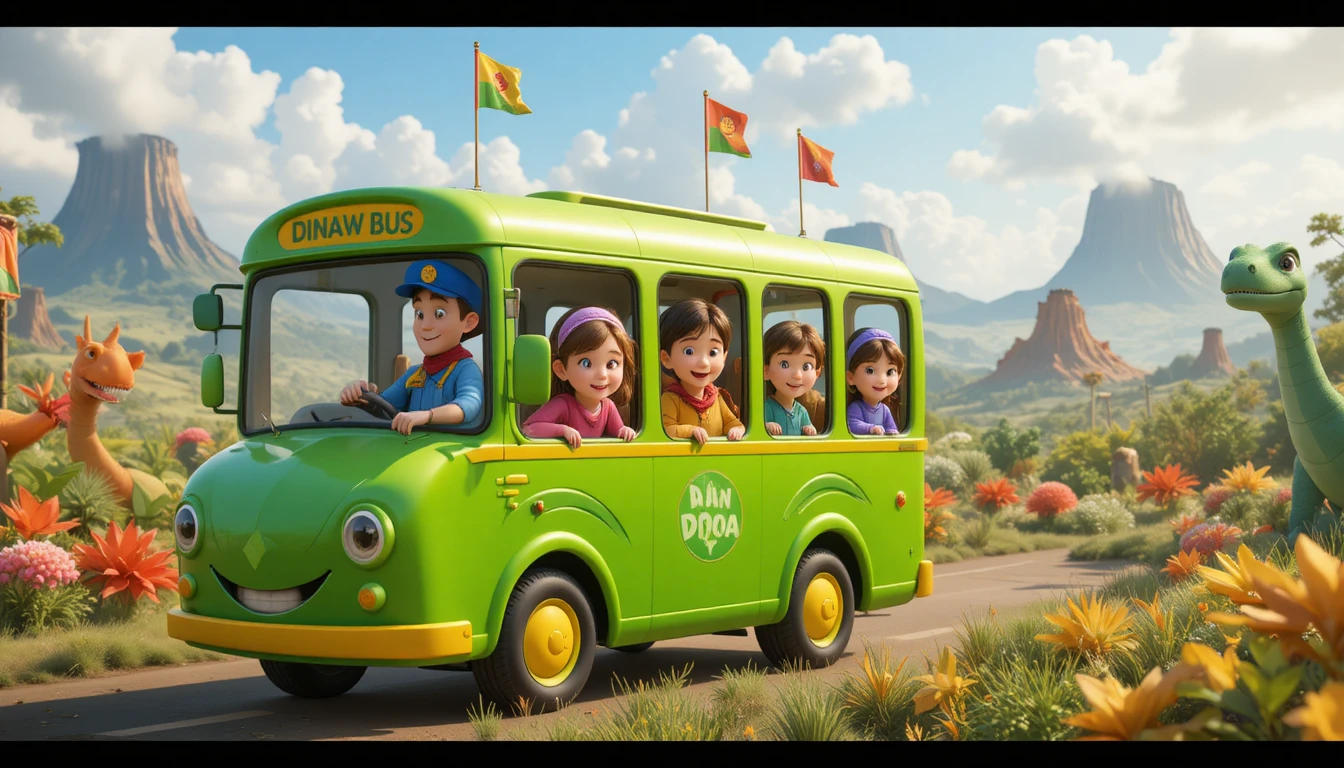Green cartoon dinosaur bus in a magical valley