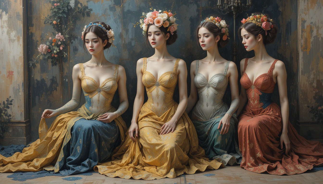 Semi figurative human figures in soft belle epoque oil painting