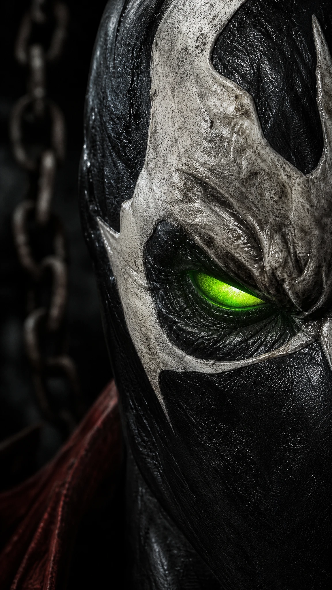 Cinematic close up of a masked face with glowing green eye