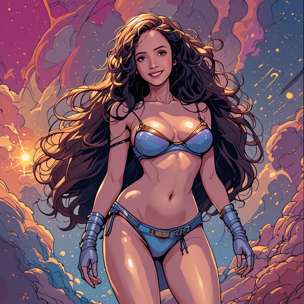 Dynamic sci fi woman in bold comic illustration style